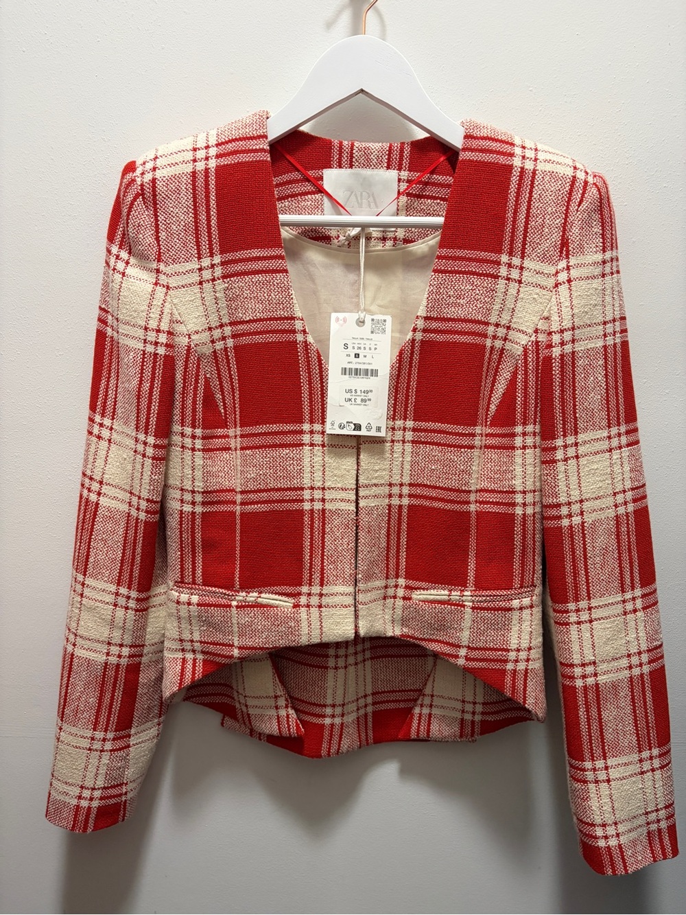 Zara Red and Cream Plaid Cropped Jacket